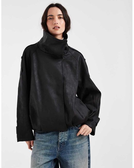 ASOS Red Asymmetric Leather Look Funnel Bomber Jacket
