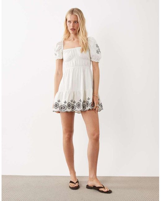 Miss Selfridge White Puff Sleeve Milkmaid Mini Dress With Embroidery