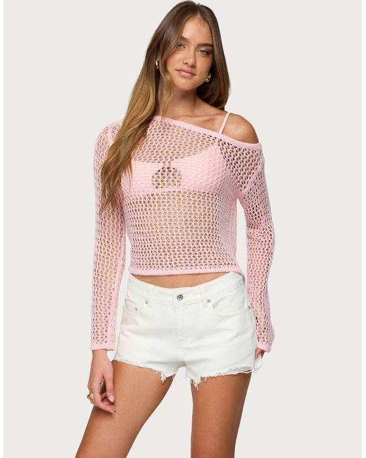 Edikted Pink Inara Off Shoulder Crochet Top