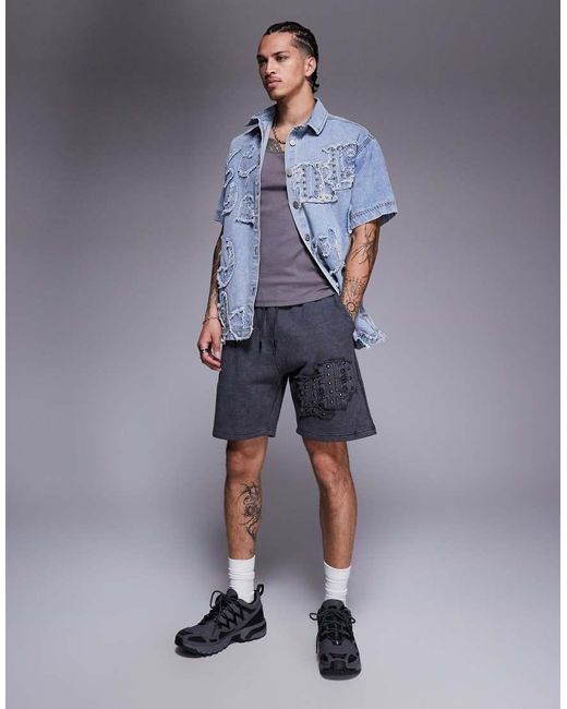 Liquor N Poker Blue Applique Patch And Stud Logo Jersey Shorts for men