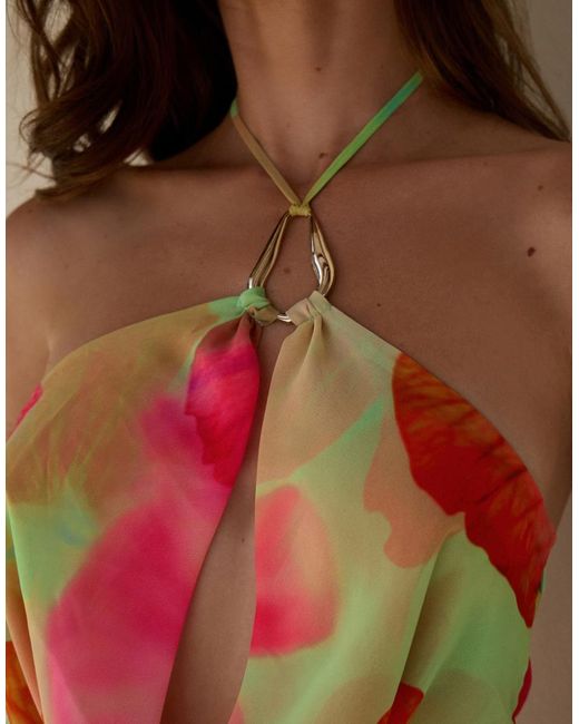 The Frolic Multicolor Exclusive Chiffon Gold Hardware Open Cowl Detail Ruched Mini Dress