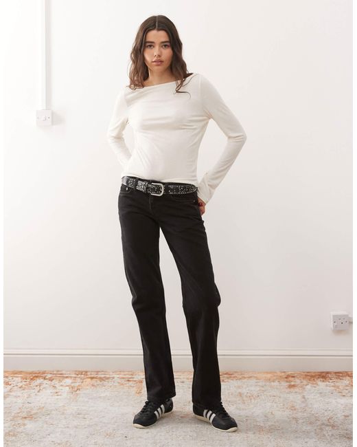 Collusion White Slash Neck Textured Long Sleeve Top