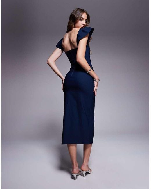 Vesper Blue Bengaline Square Neck Ruffle Sleeve Side Split Midaxi Dress