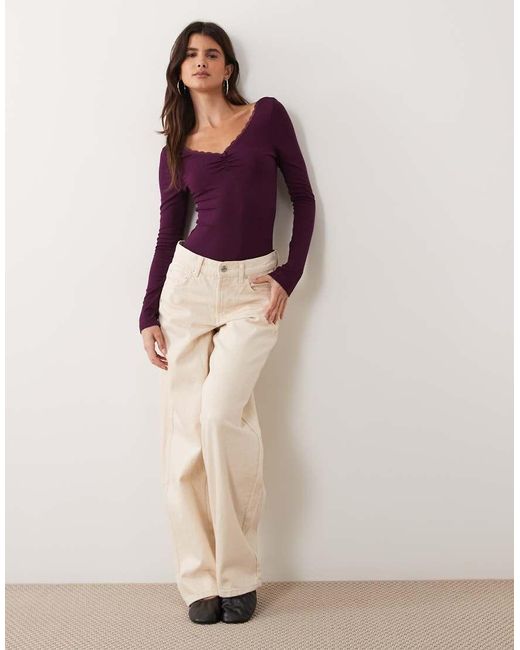 Miss Selfridge Purple Ruched V Neck Bodysuit With Lace Trim