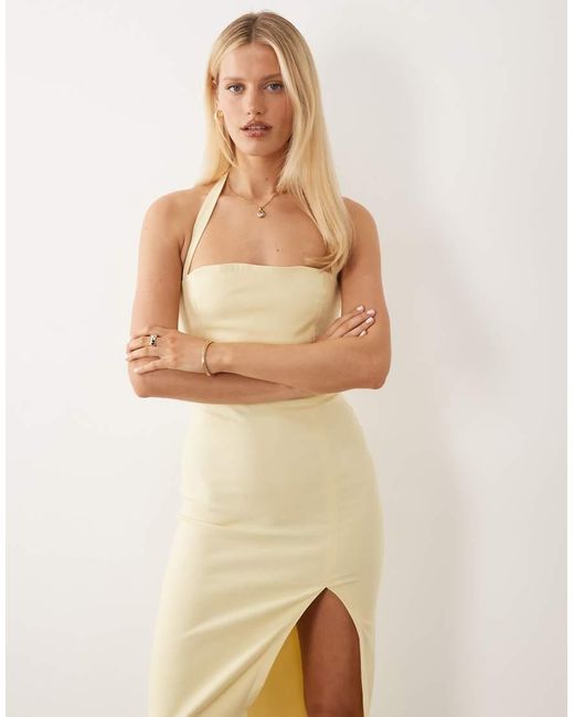 Vesper Natural Bengaline Halterneck Thigh Split Midi Dress