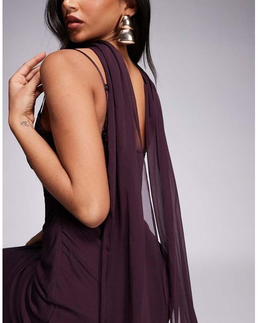 ASOS Purple Cami Satin And Lace Slip Midi Dress With Scarf Detail