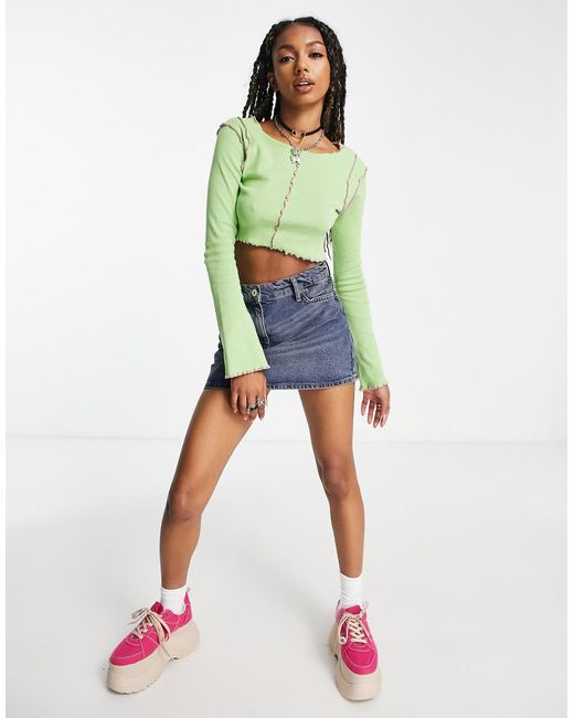 Daisy Street Green Long Sleeve Rib Crop Top With Contrast Overlocking