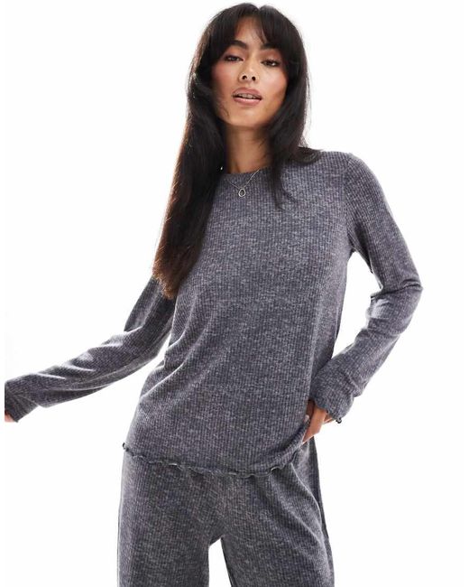 Loungeable Blue Marl Brushed Rib Long Sleeve Top And Trouser Set