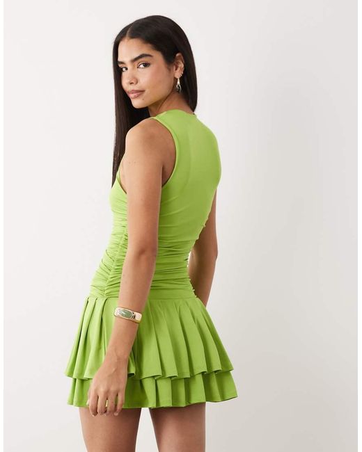 Aria Cove Green Slinky High Neck Sleeveless Ruched Waist Ruffle Skirt Mini Dress