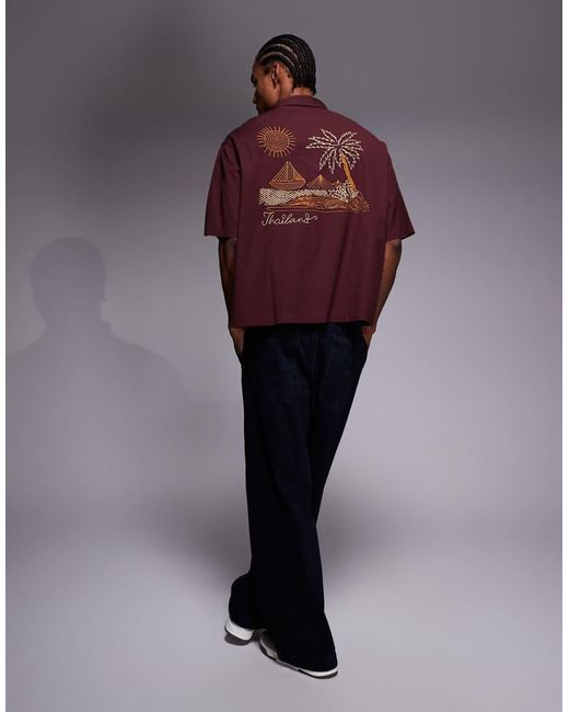 ASOS Purple Boxy Oversized Shirt With Back Embroidery for men