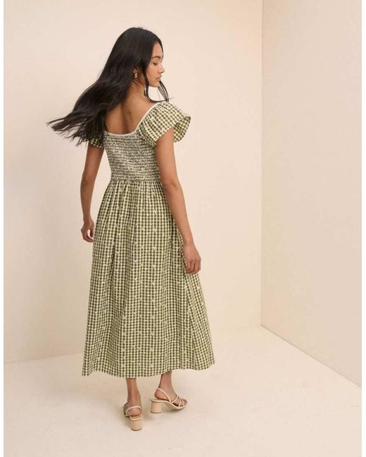 Nobody's Child Natural Gingham Embroidered Shirred Mindy Midi Dress