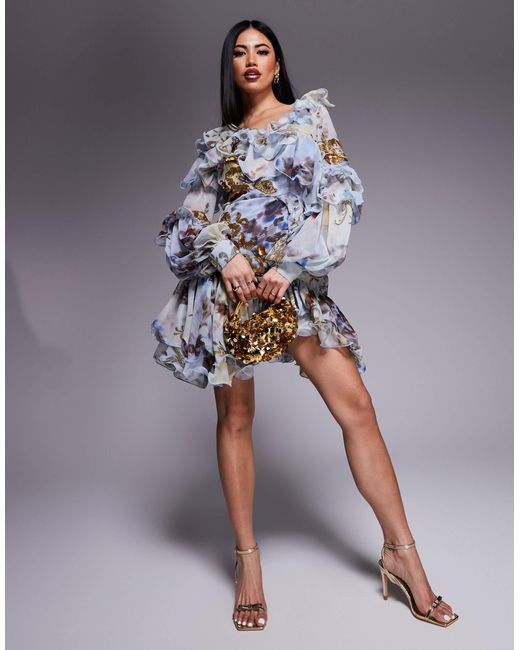 ASOS Blue Organza And Chiffon Printed Asymmetrical Mini Dress With Embellishment