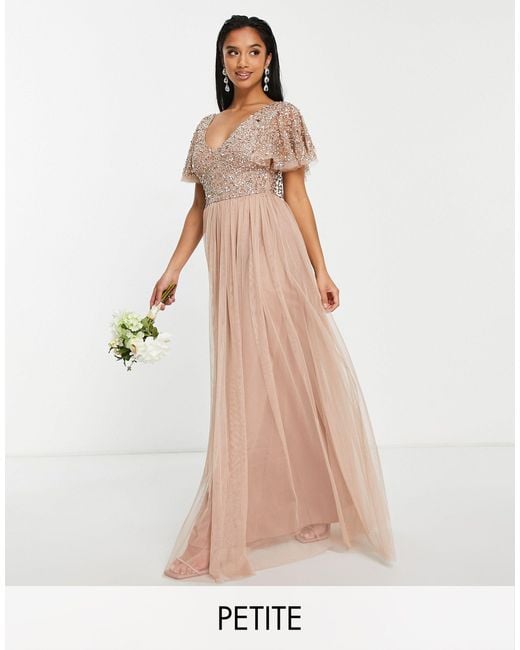 Beauut Natural Petite Bridesmaid Embellished Bodice Maxi Dress With Flutter Sleeve
