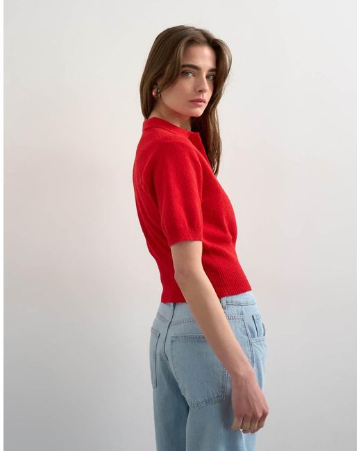 TOPSHOP Red Fine Knitted Towelling Cinch Waist Polo
