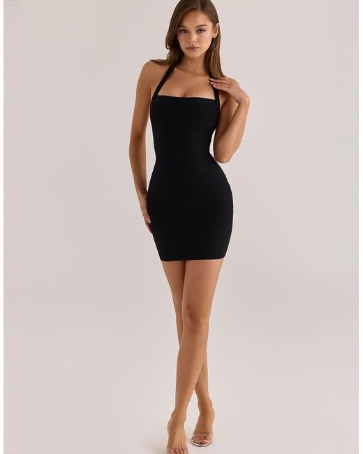 House Of Cb Black The Silhouette Halter Neck Bandage Mini Dress