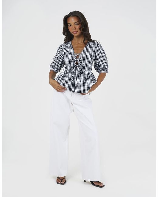 Brave Soul Blue Short Puff Sleeve Gingham Tie Front Blouse