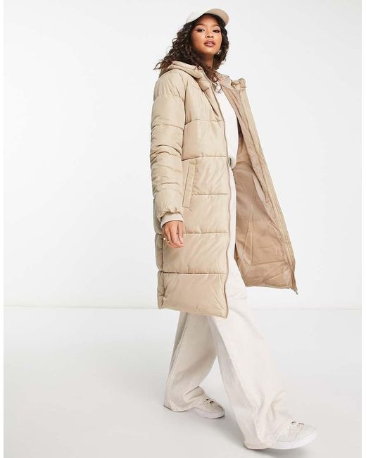 Pieces Natural Longline Padded Coat With Hood