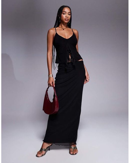 Fashionkilla Black Exclusive Double Sculpted Slinky Ruffle Front Mesh Overlay Top Co-ord