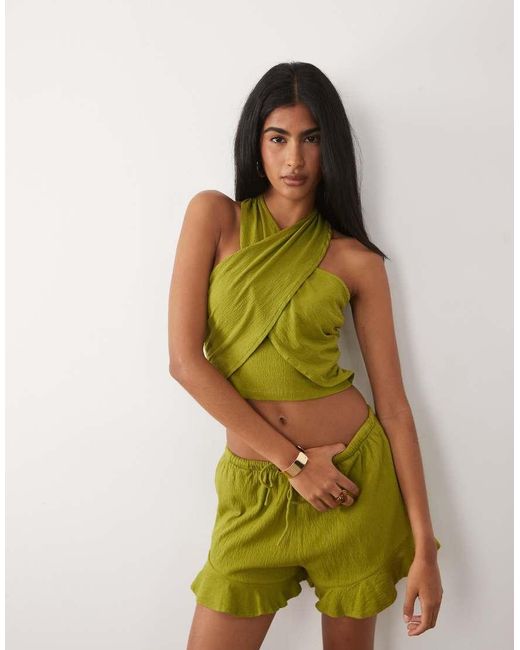 ASOS Green Mix And Match Cotton Crinkle Crossover Halter Neck Top