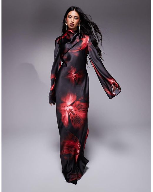 DASKA Multicolor Satin Printed Maxi Dress With Funnel Sleeves