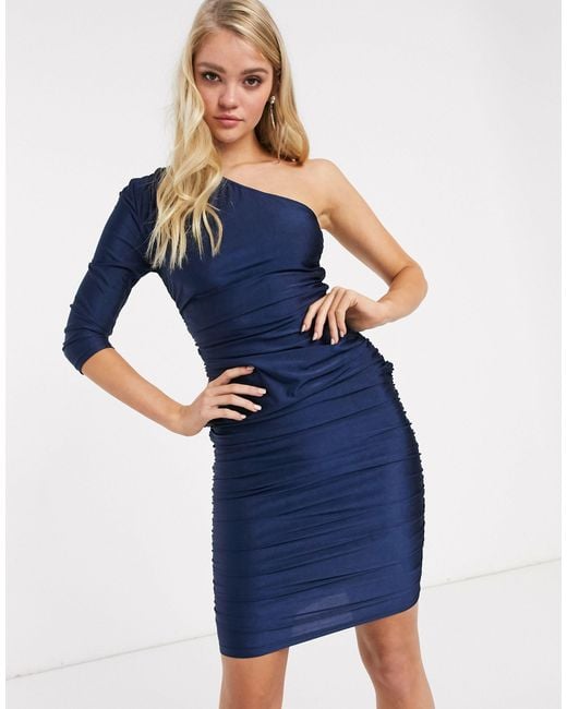 AX Paris Synthetic One Shoulder Ruched Bodycon Midi Dress in Navy (Blue ...