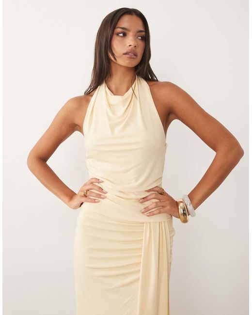 TFNC London Natural Slinky Cowl Neck Ruched Backless Ruched Detail Maxi Dress