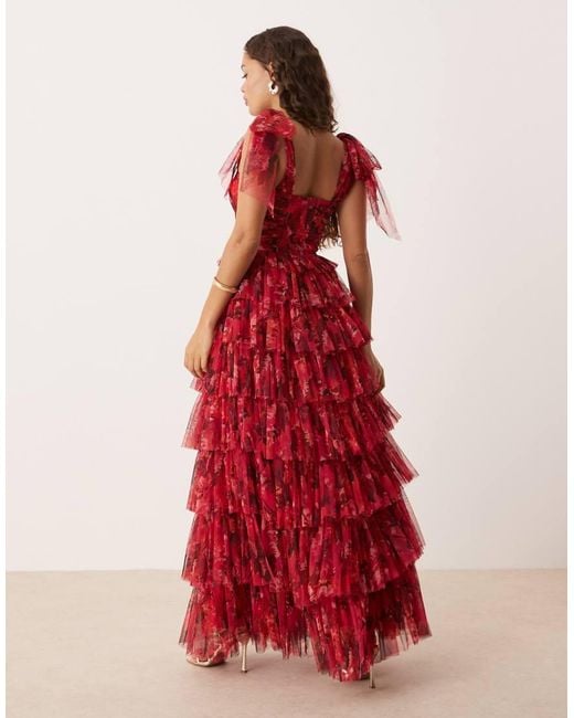 LACE & BEADS Bow Shoulder Tiered Tulle Maxi Dress