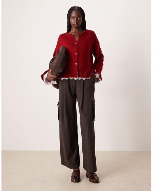 ASOS Red Knitted Cardigan With Lace Inserts Buttons