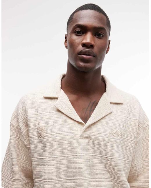 ASOS Natural Heavyweight Oversized Polo Shirt With Satin Chest Embroidery for men