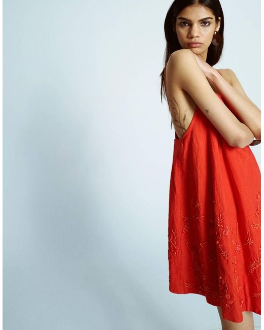 TOPSHOP Mini-Swingjurk Met A-Lijn En Raffia Borduursels in het Red