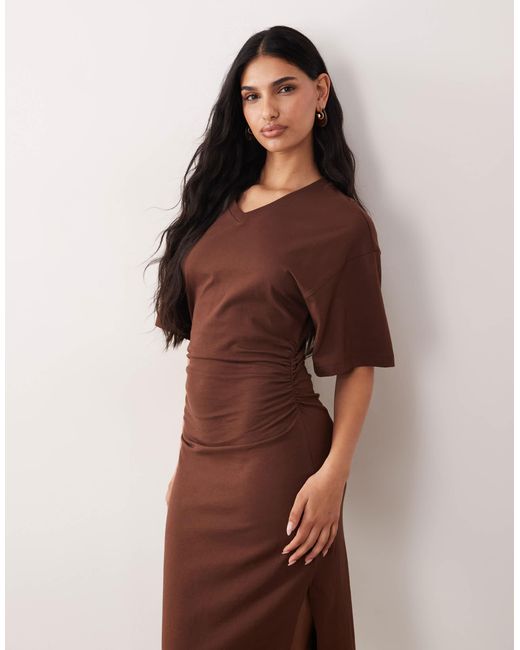 ASOS Brown Short Sleeve V Neck Midaxi Ruched T Shirt Dress With Split