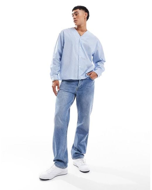 ASOS Blue Oversized Boxy Long Sleeve Shirt With Baseball Neck for men