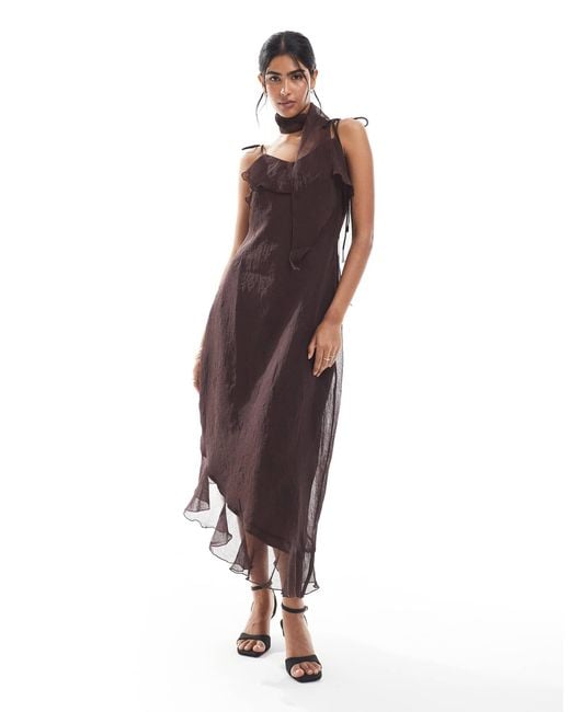 Vero Moda Brown Chiffon Asymmetric Hem Ruffle Dress With Scarf Detail