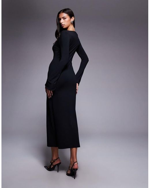 ASOS Blue Slash Neck Fluted Sleeve Maxi Dress