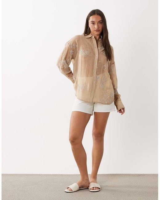 Mango Brown Sheer Oversized Shirt With Embellishment
