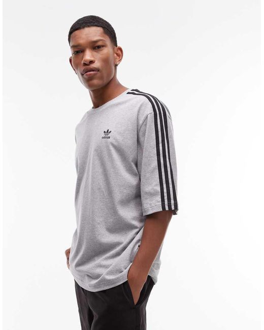 Adidas Originals Gray Adicolor 3 Stripe Oversized T-shirt for men