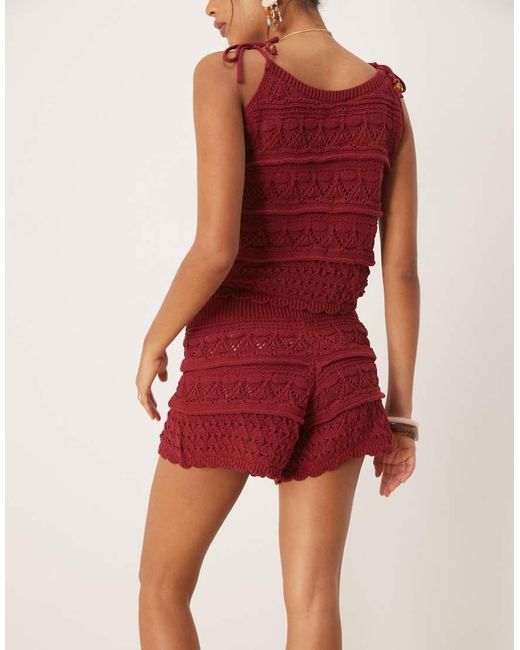 ASOS Red Crochet Knit Short Co-ord With Beaded Front Tie