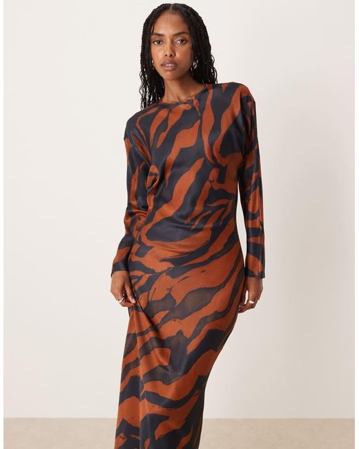 ASOS Natural Balloon Sleeve Crew Neck Satin Slip Maxi Dress