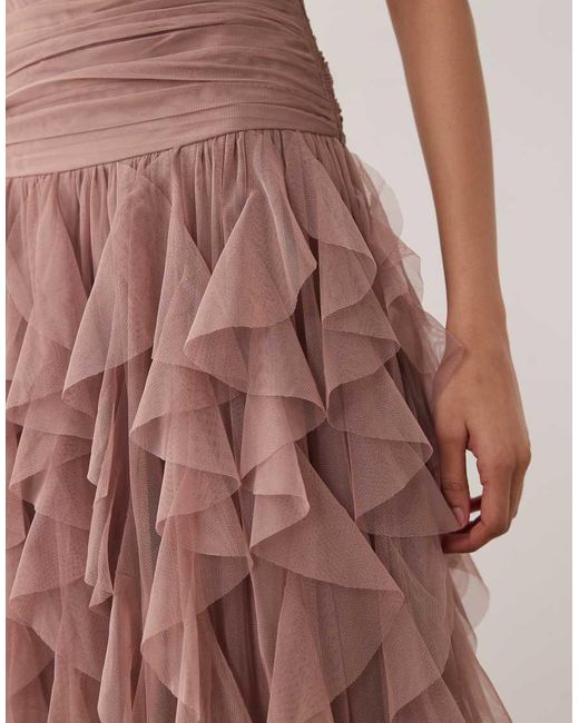LACE & BEADS Brown Bridesmaid Tulle One Shoulder Waterfall Ruffle Maxi Dress