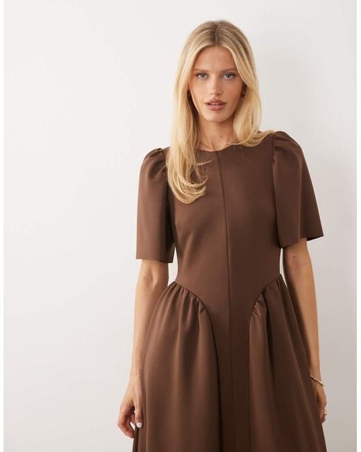 Y.A.S Brown Fitted Bodice Puff Sleeve Maxi Dress
