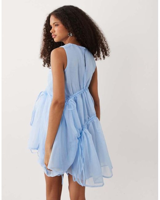Ghospell Blue Indie Mesh Overlay Sleeveless Drawstring Detail Mini Dress