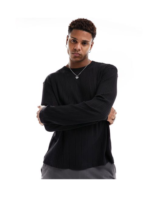 ASOS Black Long Sleeved Textured Rib T-shirt for men