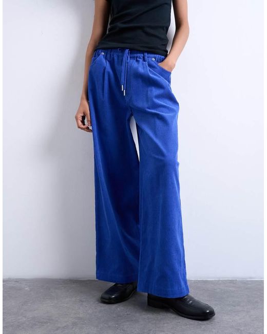 TOPSHOP Blue Cord Wide Leg Trouser With Drawcord