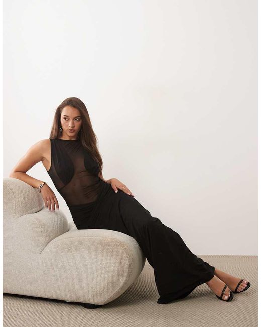 Missy Empire Black Double Sculpted Slinky High Neck Mesh Front Maxi Dress