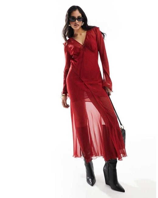 Mango Red V Neck Spot Print Midi Dress