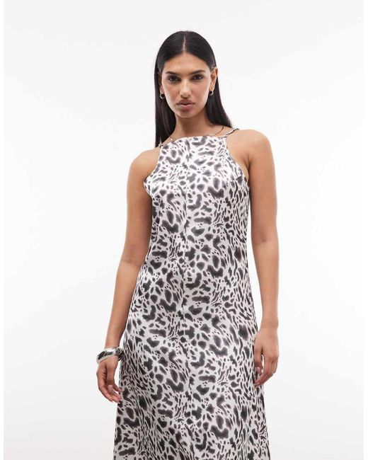 Barbour White Brianna Leopard Print High Neck Low Back Satin Dress