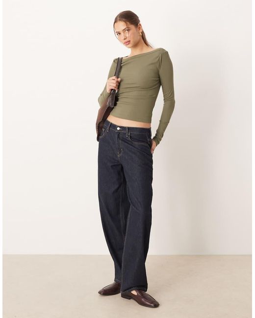 ASOS Green Boat Neck Long Sleeve Top With Binding Detail