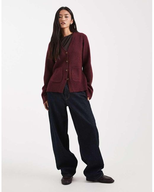 ASOS Red Waisted V Neck Cardigan With Pocket Detail