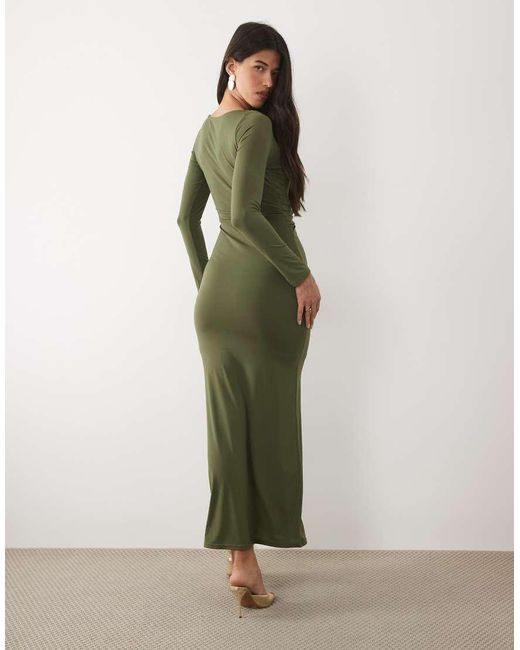 TFNC London Green Slinky Slash Neck Drape Front Long Sleeve Maxi Dress