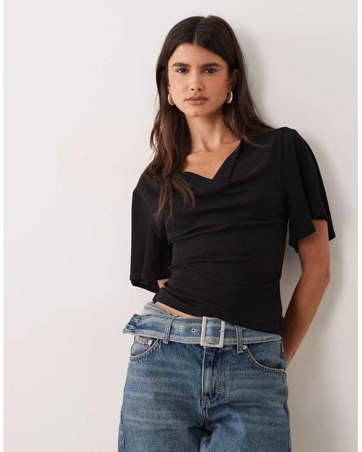 Miss Selfridge Black Top With Angel Sleeves And Cowl Neck